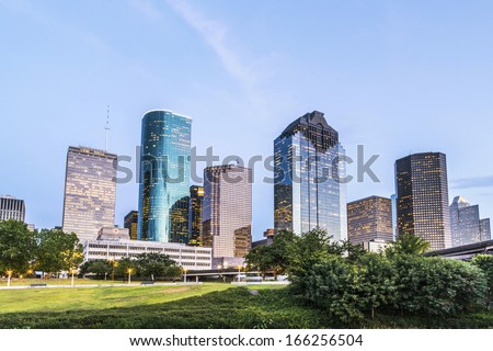 skyline of houston in the evening with bright lights