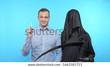 sketch on a blue background. death and man. death stands next to a woman who lights a cigarette.