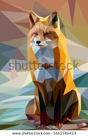 low poly fox in the forest, vector illustration design