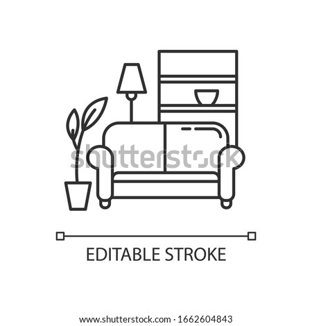 Apartment interior pixel perfect linear icon. Living room furniture. Cosy home. Couch, sofa. Thin line customizable illustration. Contour symbol. Vector isolated outline drawing. Editable stroke Royalty-Free Stock Photo #1662604843