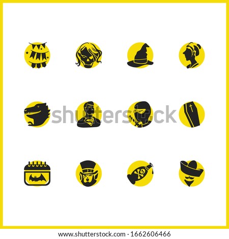 Witch icons set with ninja, maid and zombie girl elements. Set of witch icons and superman concept. Editable vector elements for logo app UI design.