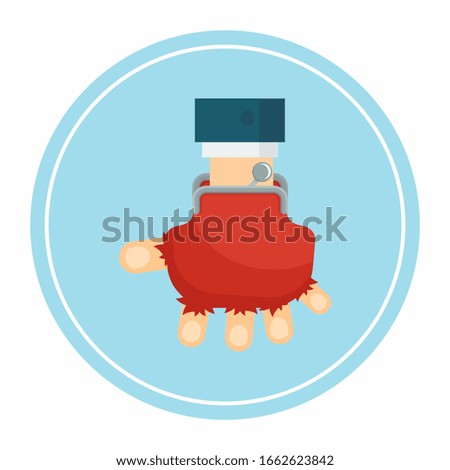Hand holds a red hollow empty wallet with no money. Flat cartoon illustration. Objects isolated on a white background.