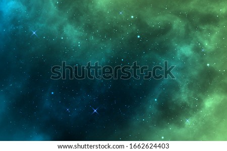 Space background. Green realistic cosmos backdrop. Starry nebula with stardust and milky way. Color galaxy and shining stars. Bright space objects. Vector illustration. Royalty-Free Stock Photo #1662624403