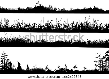 Realistic black and white vector set of silhouettes of the ground with grass, flowers, spikelets, trees on it. Hand drawn isolated illustrations for work, design, banners, landscapes. 
