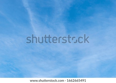 The wide angle shot of the bright blue sky with feather clouds 