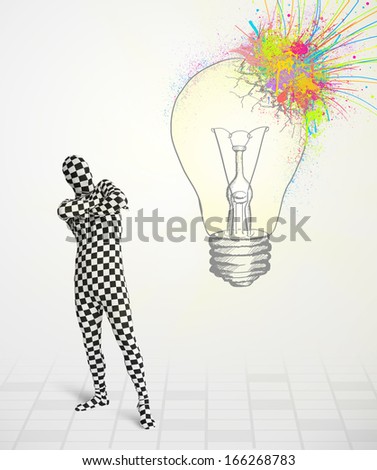 3d human character is body suit looking at abstract colorful lightbulb