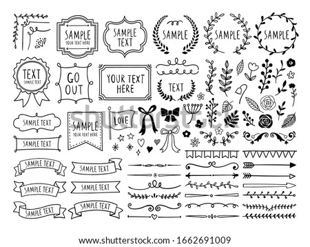 Retro line drawing frames, ribbons, decorations and plants. Royalty-Free Stock Photo #1662691009