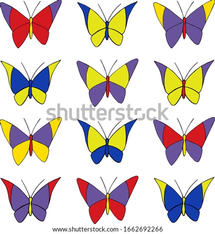Set with insects with big  curved wings. Beautiful multi-colored butterflies. Doodle style. Hand drawing. Pattern for fabric, packaging and wallpaper.