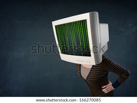 Cyber business human with a monitor screen and computer code on the display