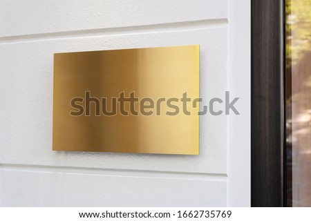 Blank store signage sign design mockup isolated, Clear shop template. Street hanging mounted on the wall. Signboard for logo presentation. Metal gold cafe restaurant bar plastic badge black white. 