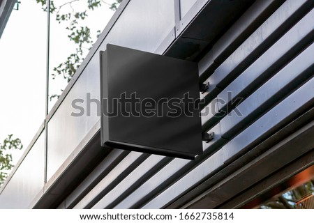 Blank store signage sign design mockup isolated, Clear shop template. Street hanging mounted on the wall. Signboard for logo presentation. Metal cafe restaurant bar plastic badge black white. 