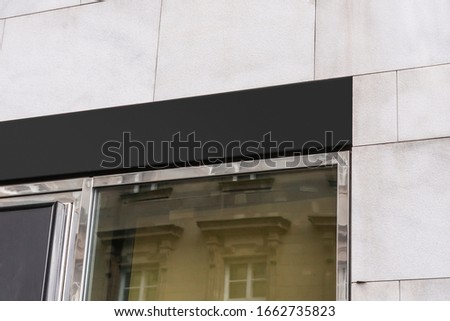 Blank store signage sign design mockup isolated, Clear shop template. Street hanging mounted on the wall. Signboard for logo presentation. Textile Awning cafe restaurant bar plastic badge black white