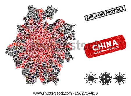 Coronavirus collage Zhejiang Province map and grunge stamp seals. Zhejiang Province map collage composed with scattered red and black sars icons. Rectangle seals, with dirty texture.