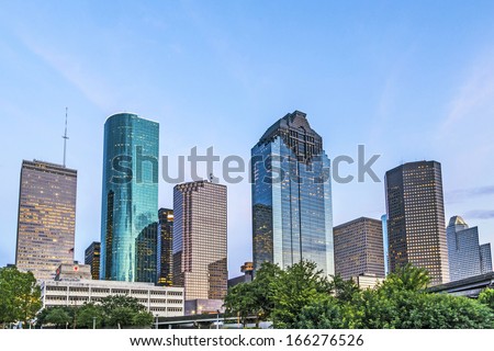 skyline of houston in the evening with bright lights