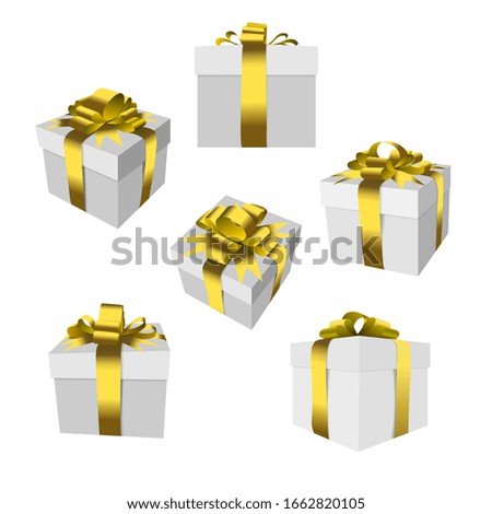 gift box set with gold bow and ribbon isolated on white background.
