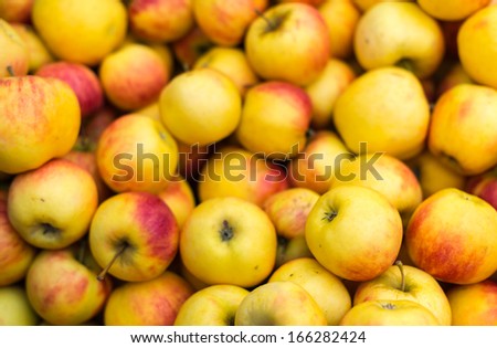 A picture fully filled with tasty yellow with red apples together.
