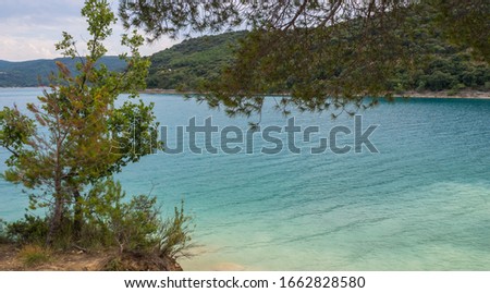 Turquoise and azur mountain lake with pines