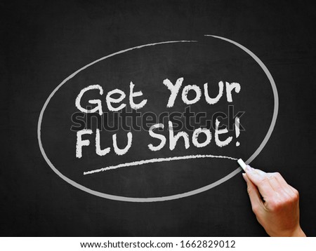 A hand writing 'Get Your Flu Shot!' on chalkboard.