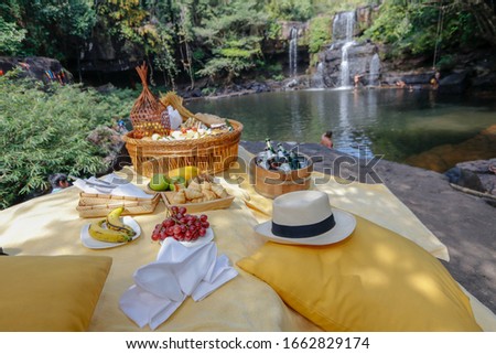 Picnic - Basket with bread & fruit and wine at the waterfall.