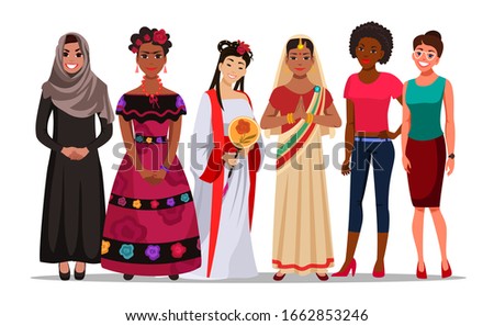 Multi-ethnic feminine community. International women day. Young girl characters of different age, race, outfit standing together. Vector illustration isolated on white