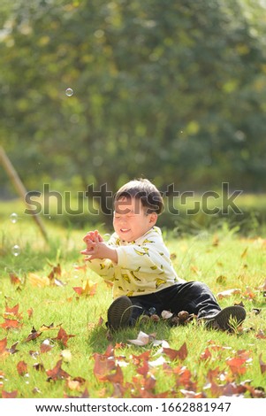 A little boy sitting on the grass having fun