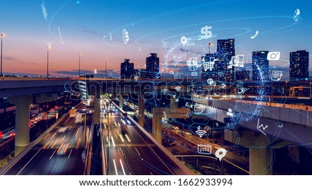Smart city and communication network concept. 5G. LPWA (Low Power Wide Area). Wireless communication. Royalty-Free Stock Photo #1662933994