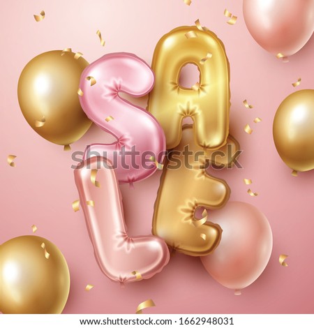 Sale background with pink and gold floating balloons. Vector illustration.