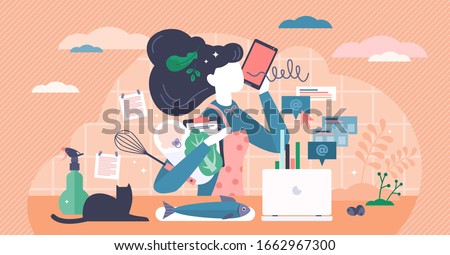 Multitasking busy mom at home concept, vector illustration tiny female person concept. A woman managing the balance between family life, house work and business career. Overloaded person in pressure. Royalty-Free Stock Photo #1662967300