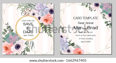 Elegant floral design for your wedding invitation. Pink roses, white anemones, succulents, eucalyptus, plants and leaves. Template for postcard.