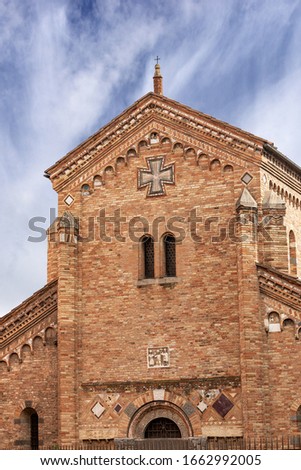Bologna, Basilica of Santo Stefano or the Seven Churches, closeup of the facade of the Basilica of Saints Vitale and Agricola. Emilia-Romagna, Italy, Europe