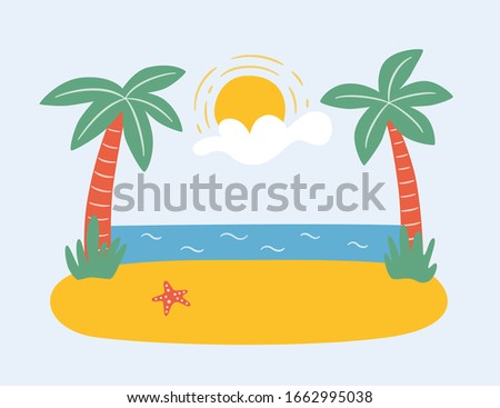 Palm trees on the beach by the sea. Summer paradise in tropics. Hand drawn vector illustration