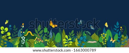 Beautiful floral background, panorama. Leaves, colorful flowers, caterpillars, butterflies. Bright spring and summer banner for cover social network, invitation, wedding, holiday. Vector illustration.