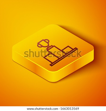 Isometric line Hockey over sports winner podium icon isolated on orange background. Yellow square button. Vector Illustration