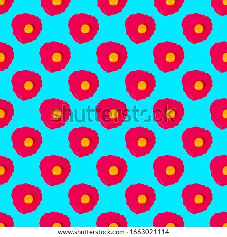 Seamless pattern raw pink eggs on blue background isolated, repeating ornament broken egg, yellow yolk on red backdrop, Easter banner, creative paschal poster, art food wallpaper, trendy print design
