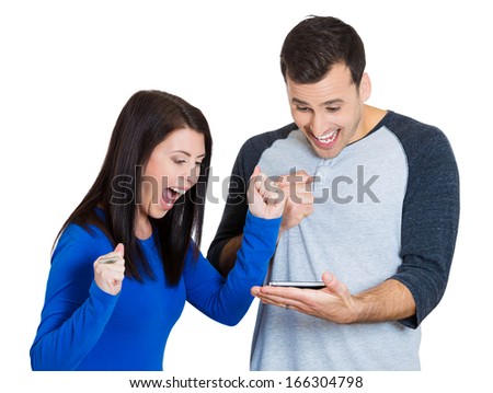 Closeup portrait of man woman looking shocked with opened mouth on a cell phone watching a sports game match  or reading an sms, e-mail, viewing latest news, isolated on a white background. 