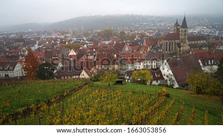 Aerial view of historic Esslingen am Nectar on autumn rainy day, Germany