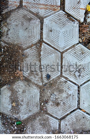 Old damaged hexagonal stone block pavement for exterior with grass and fallen leaves