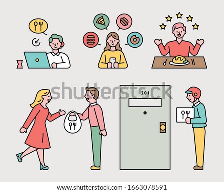 Employee and customer character delivering food online. flat design style minimal vector illustration.