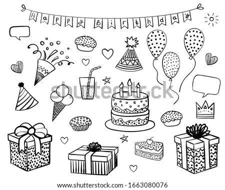 Set of decoration and food elements for birthday party. Flag, cake, cupcake, pie, party hat, air balloons, gifts, presents, box, firework, ice cream, coctail. Vector doodle for coloring book