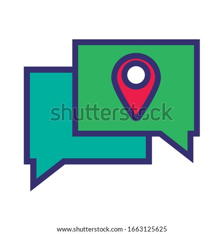 speech bubbles with pin pointer location line and fill style icon vector illustration design