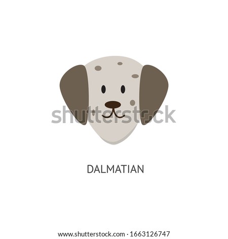 Cute dogs face or head of breed dalmatian with black spots standing flat cartoon vector illustration isolated on white background. Funny purebred domestic puppy pet.