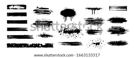 Big Collection of black paint, ink brush strokes, brushes, lines. Dirty artistic design elements. High quality manually traced. Black inked splatter dirt stain splatter spray splash with drops blots.
