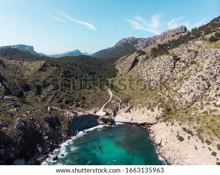 Drone, Bird's eye, Aerial View of the beautiful landscape at Cap de formentor. Blue water and mountains beautiful combine each other. Palma de Mallorca, Balearic Islands, Spain