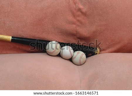 close up image of an old used baseball bat on the sofa