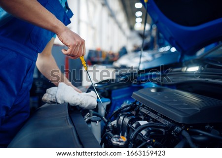 Worker checks the engine oil level, car service Royalty-Free Stock Photo #1663159423