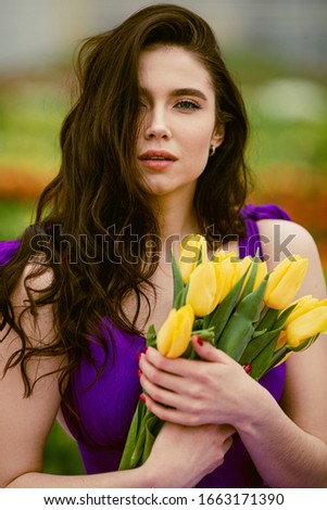 girl in beautiful dress surrounded by flowers, full body and portrait, stock image, copy space