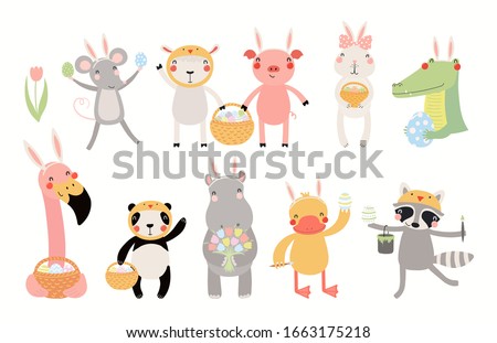 Big Easter set with cute animals, eggs, flowers. Isolated objects on white background. Hand drawn vector illustration. Scandinavian style flat design. Concept for children holiday print, card, invite.