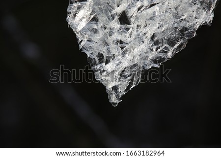 Close- up detail of a melting ice floe in silver color of openwork weave with a dripping drop of water.Spectacular black and white image.Background texture of a natural phenomenon.Russia