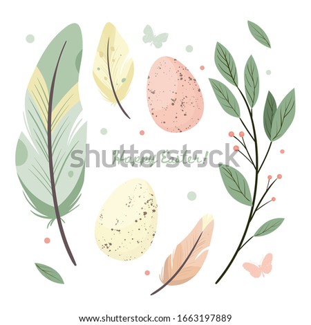 Happy Easter. Set of Easter eggs with different spot texture and wild flower on a white background. Spring holiday. Vector Illustration