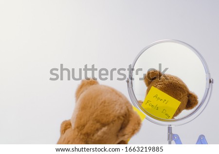 A cute brown teddy bear holding a note with word at mirror for April fools day concept.